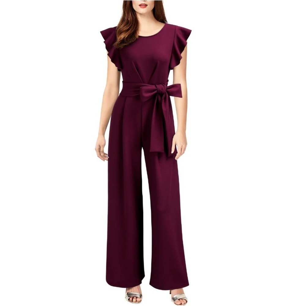 Knitee Women's Burgundy Sleeveless Ruffle Formal Long Jumpsuit with Belt Size XL